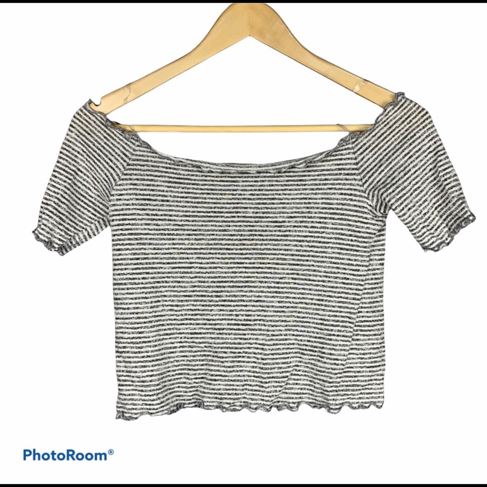 Caution to the wind black Gray striped off Shoulder Crop top - Picture 8 of 8